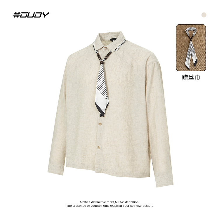 #OVDY 老钱风透气肌理感polo领拼接宽松长袖衬衫上衣搭配丝巾衬衣