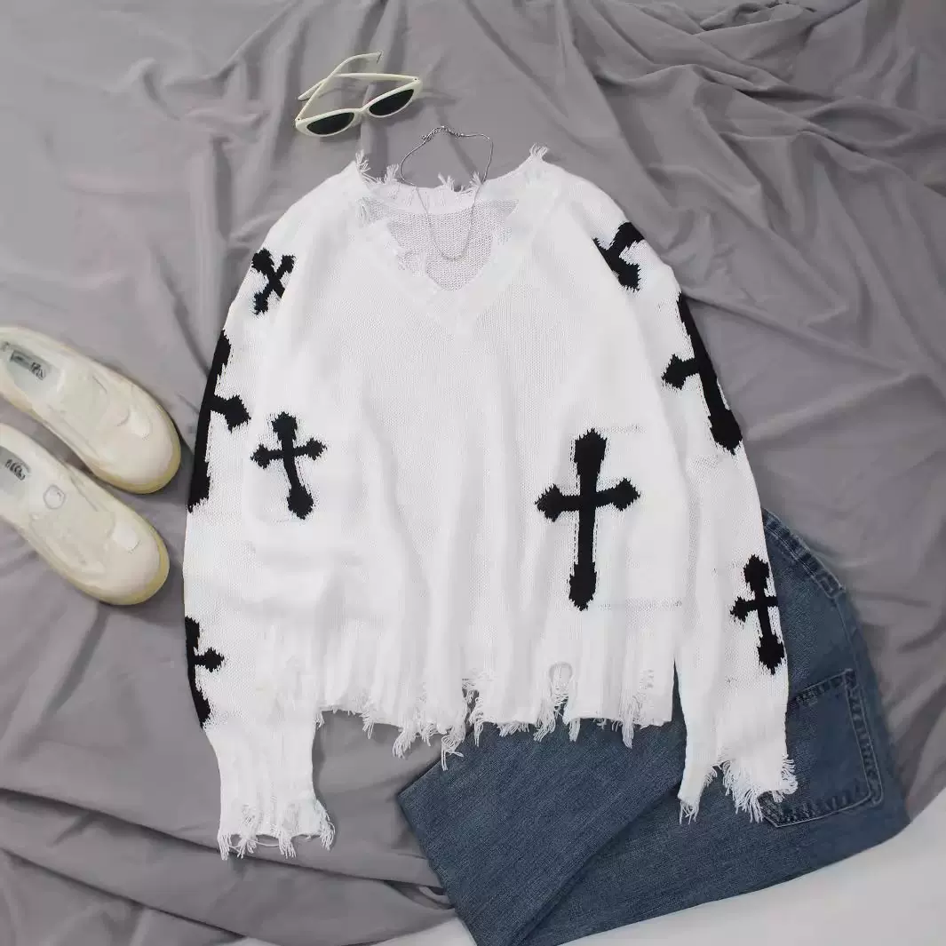 亚马逊独立站欧美十字架破洞流苏毛衣女装长袖宽松套头针织衫春季