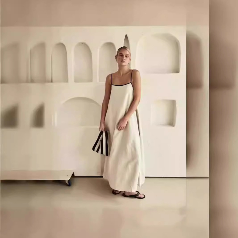 Fashion Contrast Cotton and Linen Style Sling Dress Spring/Summer 2024 New Fashion Contrast Cotton and Linen Style Sling Dress Spring/Summer 2024 New