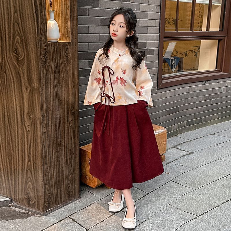 女の子馬面スカートスーツ 2025 新中大型子供漢服古代衣装新中国風唐装 2 点セット春と秋|undefined