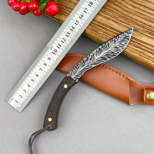 Damascus feather pattern dog leg knife Mongolian handle meat knife meat knife fruit knife convenient outdoor barbecue knife