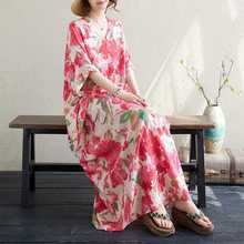 实拍 2024夏季花色度假风旅游V领复古长裙遮肉棉麻连衣裙