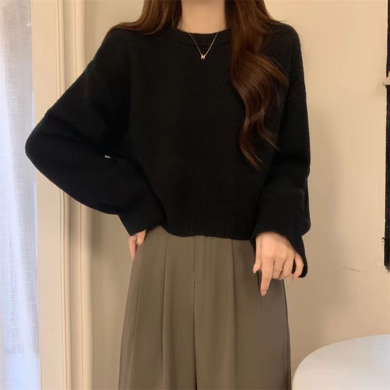 Otoño y invierno nuevos suéteres de mujeres sueltos hookah corto un cuello de punto versátil camiseta de fondo perezosa camiseta de viento para mujeres image 14
