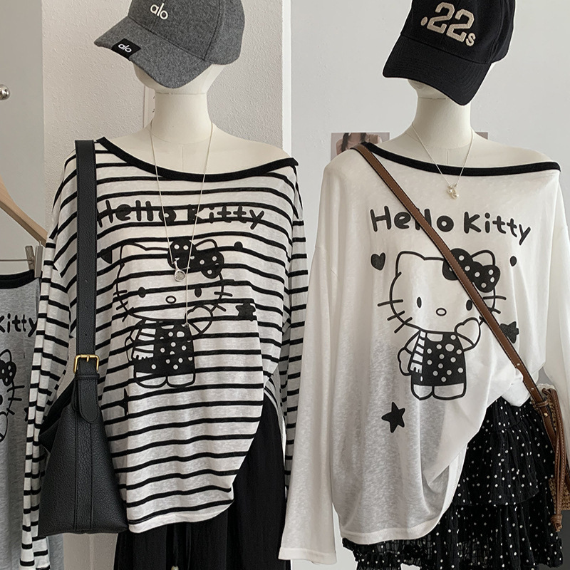Kekezoon Off-Shoulder Long-Sleeved Sun Protection T-Shirt Summer Cute Fashionable Versatile Thin Cartoon Print Cover-Up 7874