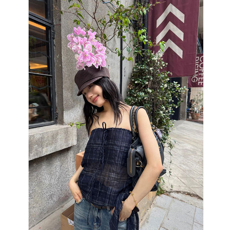 Morning Collar [Original Quality] Sweet and Spicy Lace-Up Plaid Tube Top for Women, New Summer Sexy Retro Slim Fit Versatile Back