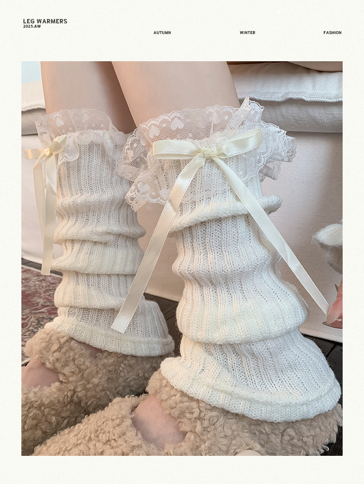 Scaldamuscoli, stivali, calzini alla moda in cotone per donna, primavera e autunno, stile balletto, fiocco in pizzo, calzini dolci impilati, calzini caldi in maglia per autunno e inverno_voghion.com