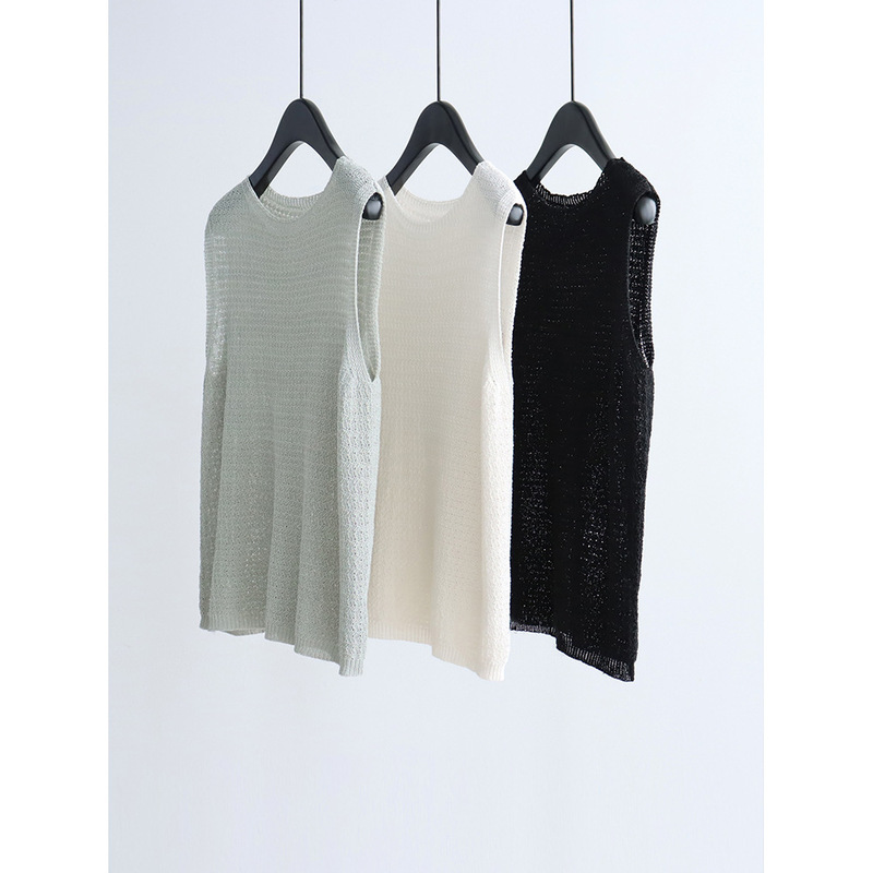 Japanese Paper Yarn Texture Sleeveless Knit Top, Summer Loose Simple Round Neck Vest, Slimming Pullover for Women Japanese Paper Yarn Texture Sleeveless Knit Top, Summer Loose Simple Round Neck Vest, Slimming Pullover for Women