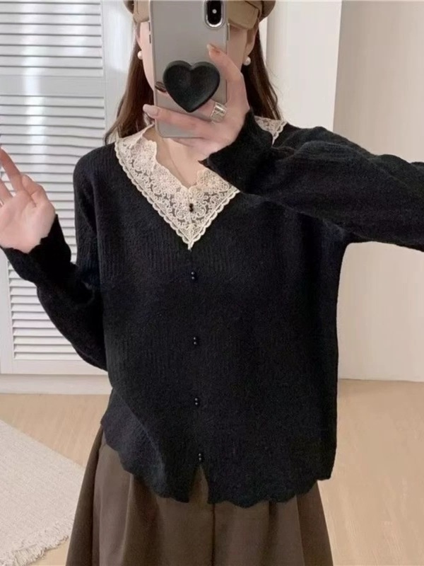 法式V领蕾丝花边针织衫女秋季2025新款设计感小众打底衫长袖上衣|undefined