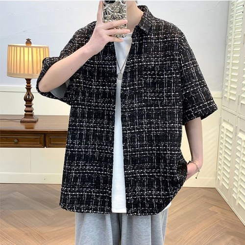 Xiao Xiang style plaid short-sleeved shirt men's trendy brand summer high-end cool and stylish oversized youth shirt jacket