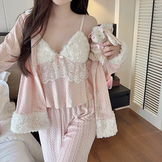海岛绒性感睡衣女2026新款家居服三件套双面绒保暖秋冬季豹纹睡衣