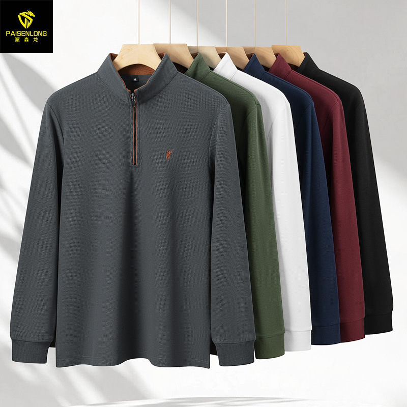 Paisenlong 2025 Autumn and Winter Long-Sleeved Stand-Up Collar Zipper Men's Polo Pineapple Plaid Double-Sided Pique Pony Embroidered Men's T-Shirt