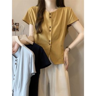 Designed Right Shoulder Flying Sleeve Short-Sleeved Shirt for Women in Summer, Slightly Fat, Large Size, Belly-Covering, Casual Slimming Shirt Top