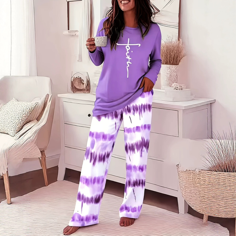 European and American style home wear, faith cross print pants set, women's loose-fitting short-sleeve T-shirt, cross-border supply European and American style home wear, faith cross print pants set, women's loose-fitting short-sleeve T-shirt, cross-border supply