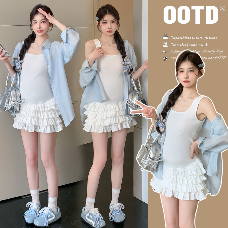 2025 Fresh, Sweet and Cute White Cake Dress + Back Slit Sun Protection Shirt Maternity Suit