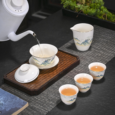 Sheng Xiang Suet jade Porcelain ceramics tea set 10 Cover bowl suit landscape a complete set household a complete set Kungfu Online teacup