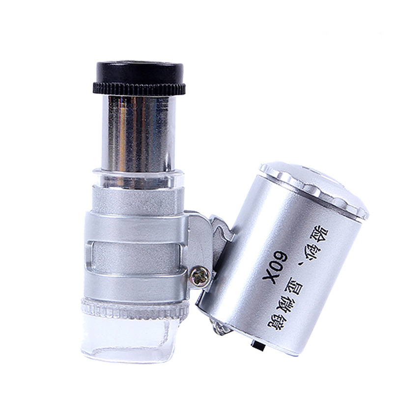 Meigonifei 60x portable mini pocket microscope with lighted LED banknote inspection, high magnification, Chinese and English optional
