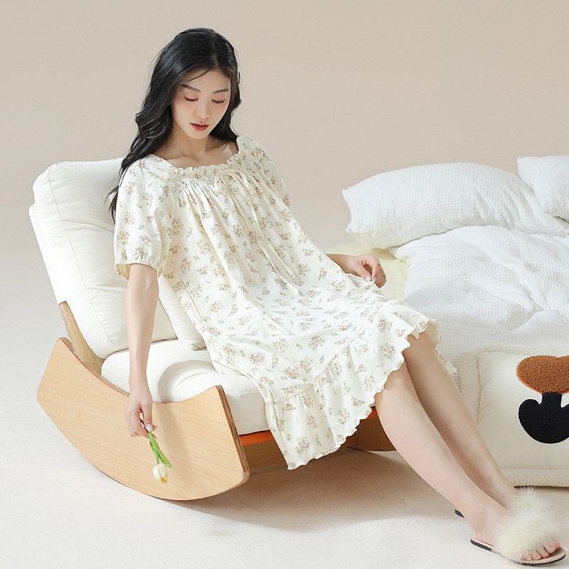[Personalizado] 7A camisón de algodón antibacteriano verano femenino dulce y lindo estilo princesa delgado de manga corta pijama de maternidad floral