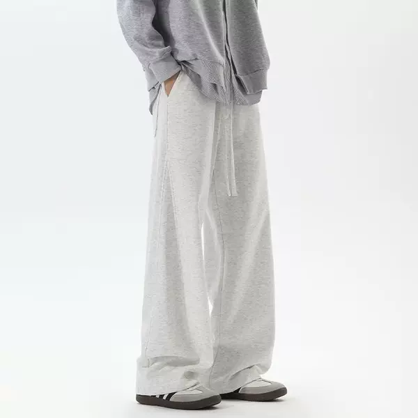 Trendy Gray Sports Sweatpants for Men, Autumn and Winter American Retro Straight-Leg Casual Pants, Basic Solid Color Wide-Leg Pants