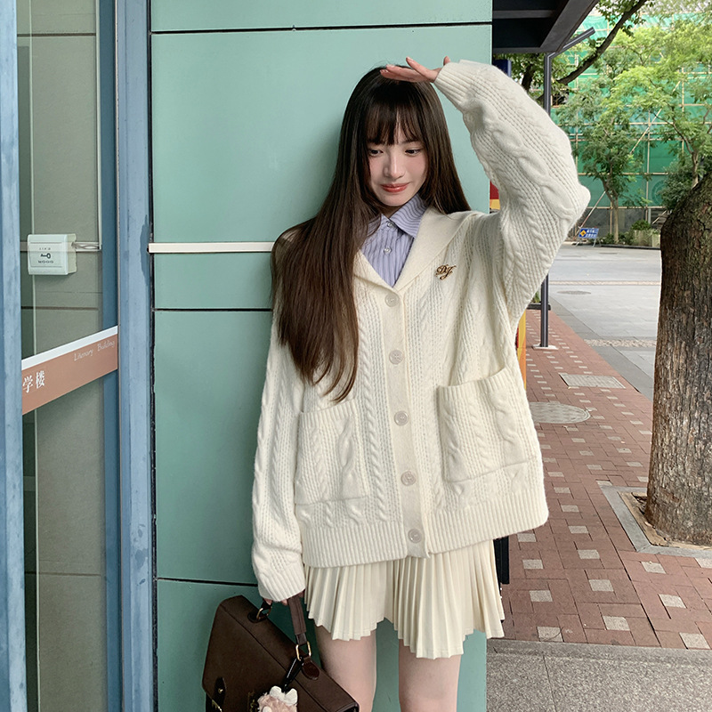 Soft and Versatile Navy Collar Sweater Jacket Women's Uniform Loose Jk Preppy Style Loose Autumn and Winter Knitted Cardigan