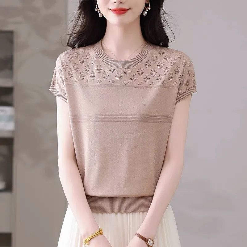 Ice Silk Short-Sleeved T-Shirt Women's Summer New Fashion Thin Knitwear Round Neck Cut Out Half-Sleeved Short T-Shirt Top