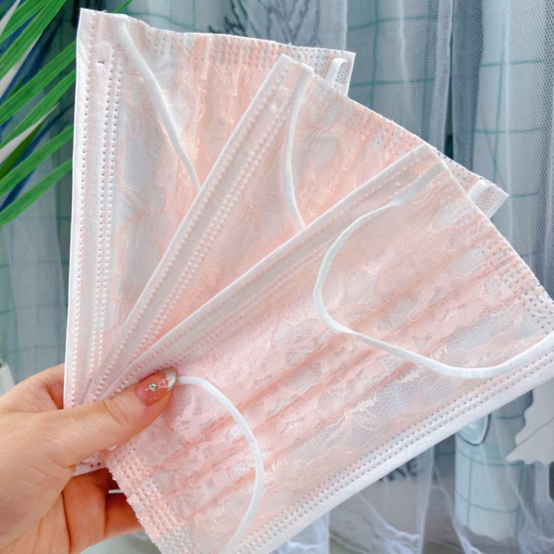 四层 一次性网纱成人口罩浅橙色蕾丝高颜值透气防尘面罩含熔喷布