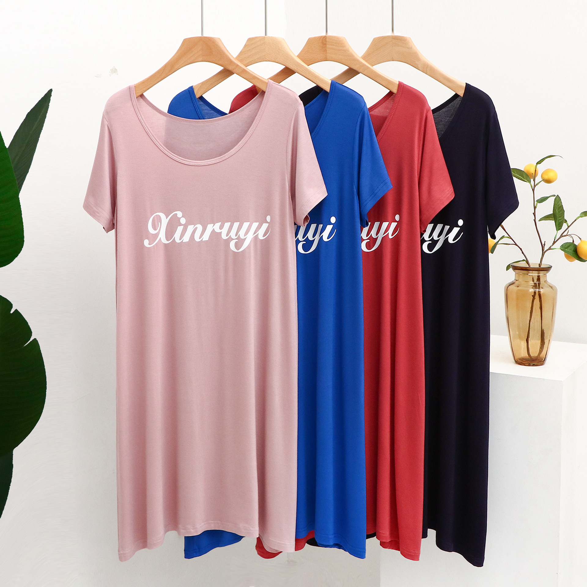 Modal Thin 106 Pajamas Women's Home Wear Short-Sleeved Printed Mid-Length Nightgown Soft Stretch Nightgown