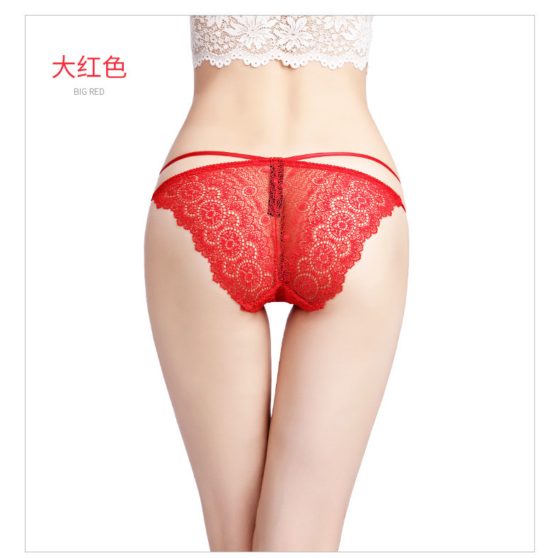 Cross-border European and American sexy briefs lace-up perspective low waist sexy bow lace large size transparent underwear