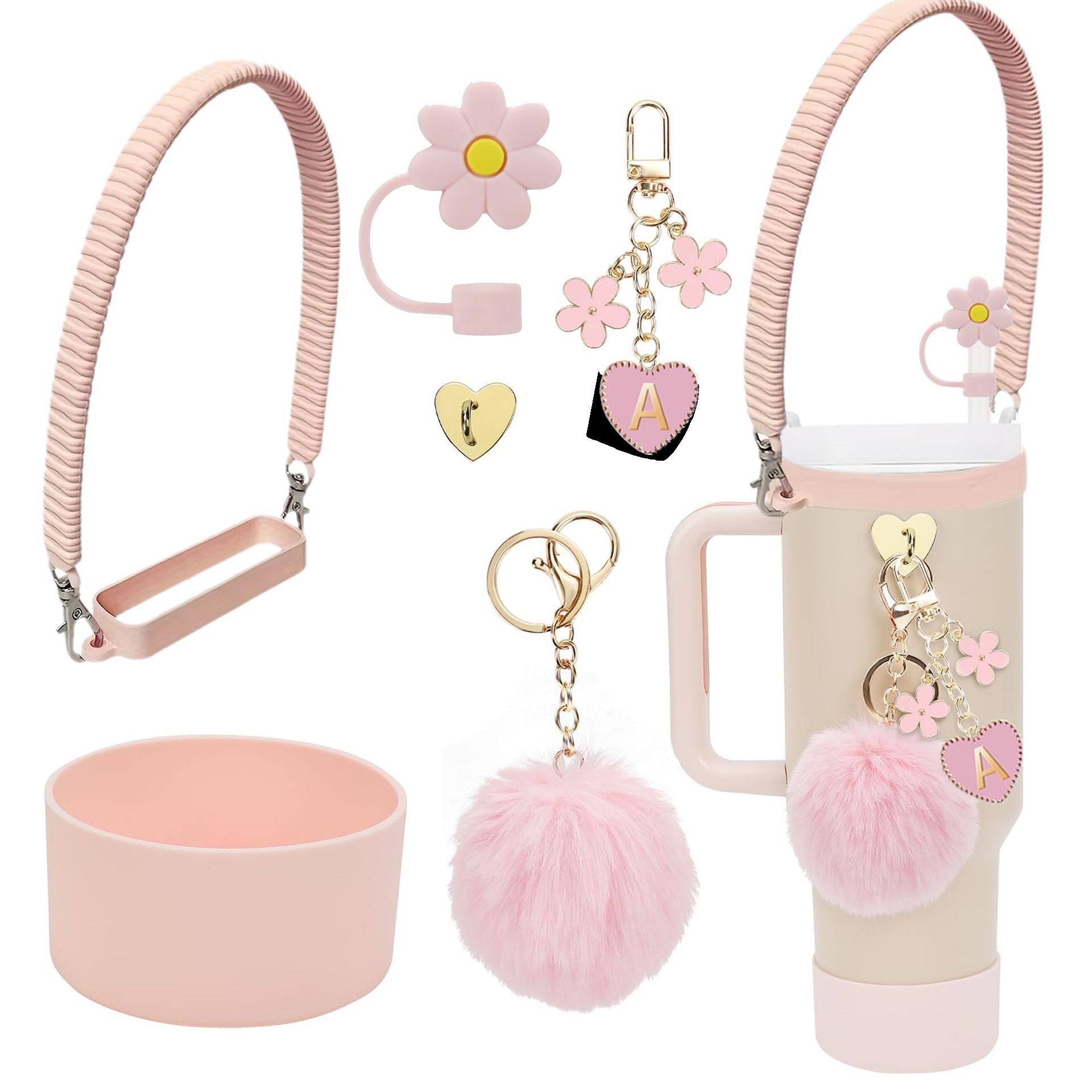 Accesorios de taza Stanley colgante de cuerda de mano flor de silicona gorra de paja de peluche colgante de taza cadena de taza de color cubierta de taza