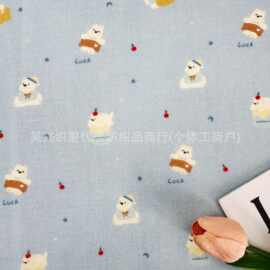 全棉双层纱数码直喷印花面料满印蓝底卡通熊熊箱包发饰帽子手提袋