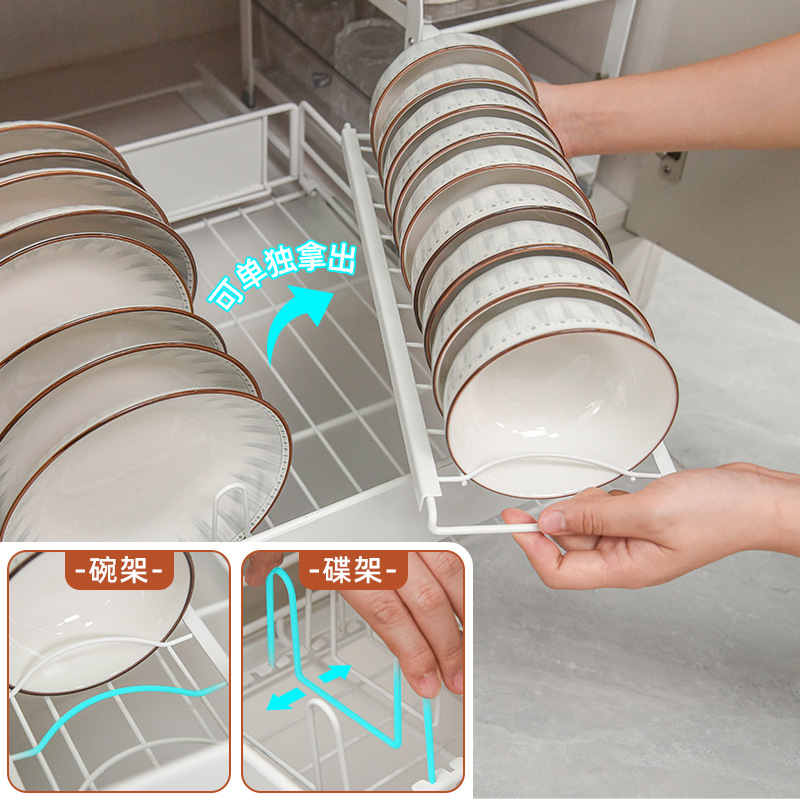 Cross-border kitchen cabinet shelf bowl plate household pull-out basket shelf with track for placing bowls wholesale