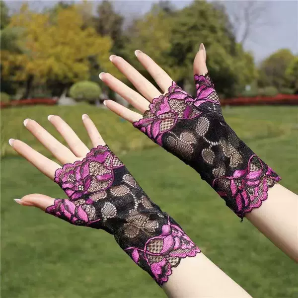 Wholesale lace sun protection gloves summer short women's elastic thin half finger gloves driving scar cover tattoo tide
