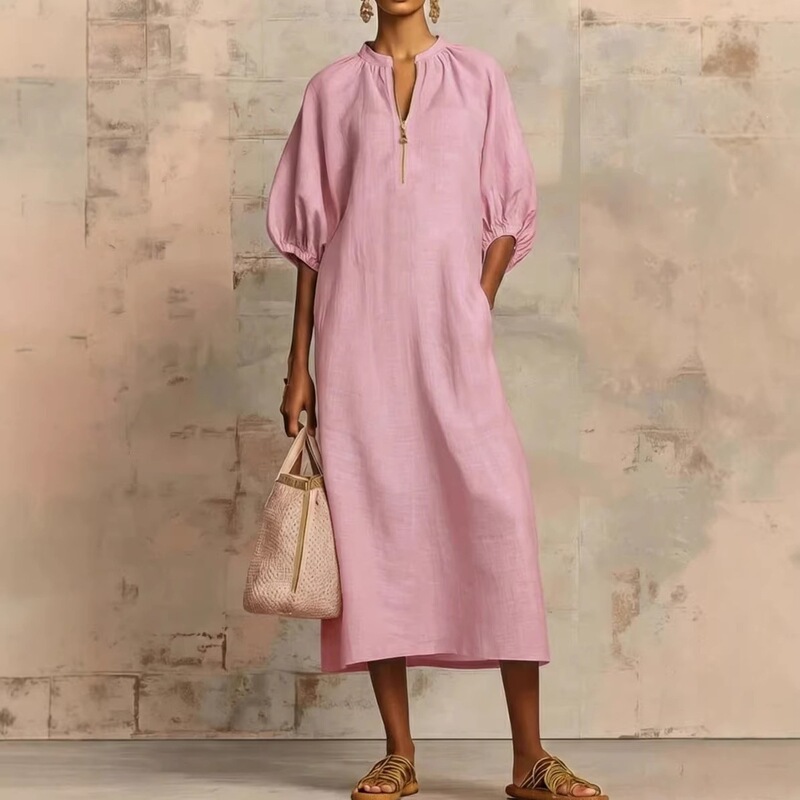 2026 Independent Brand Women's Solid Color Cotton-Linen Loose Casual Puff Sleeve Dress for Women 2026 Summer European and American Cross-Border 2026 Independent Brand Women's Solid Color Cotton-Linen Loose Casual Puff Sleeve Dress for Women 2026 Summer European and American Cross-Border