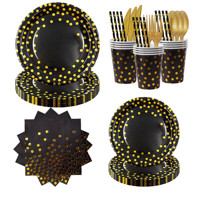 Cross-Border Black Gold-Stamped Polka Dot Birthday Party Decorations Paper Plates Paper Cups Paper Napkins Disposable Tableware Set Cross-Border Black Gold-Stamped Polka Dot Birthday Party Decorations Paper Plates Paper Cups Paper Napkins Disposable Tableware Set