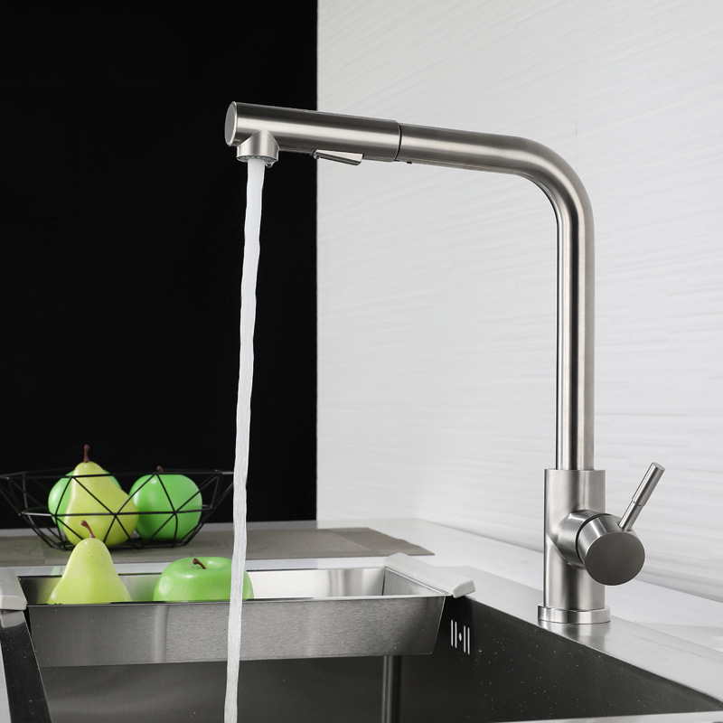 Manufacturer Wholesale 304 Stainless Steel Seven-Character Pull-Out Faucet Brushed Hot and Cold Mixed Sink Vegetable Basin Telescopic Faucet Manufacturer Wholesale 304 Stainless Steel Seven-Character Pull-Out Faucet Brushed Hot and Cold Mixed Sink Vegetable Basin Telescopic Faucet