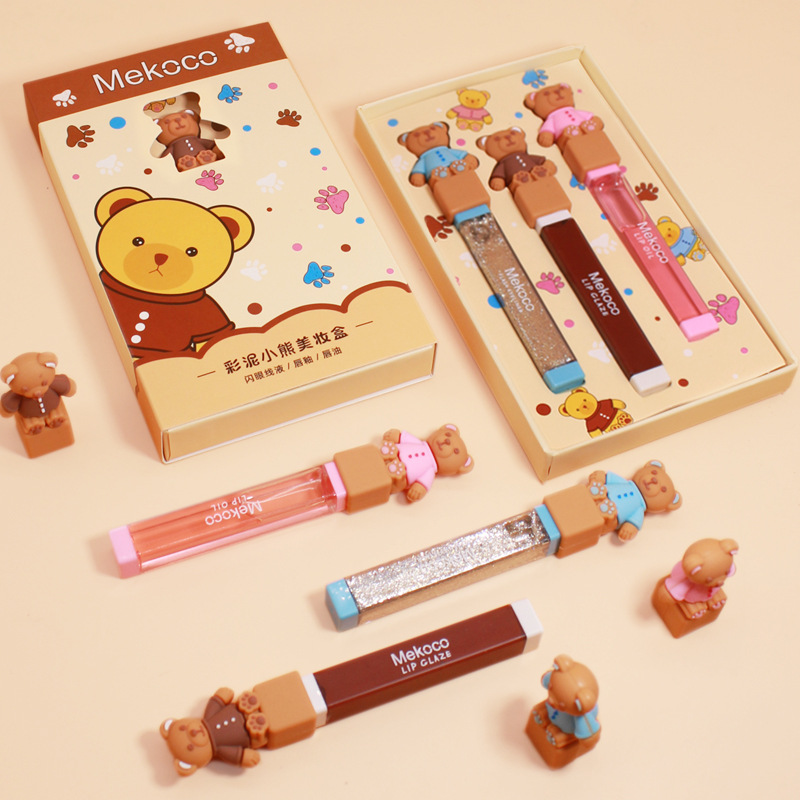 MEKOCO Colored mud Little Bear Beauty Box 3 Modular assembly Cartoon Matte Labial glaze suit Liquid Eyeshadow M7001