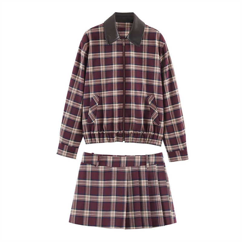 European and American Style Autumn New Women's Versatile Leather-Effect Plaid Lapel Jacket Casual Shorts Set European and American Style Autumn New Women's Versatile Leather-Effect Plaid Lapel Jacket Casual Shorts Set