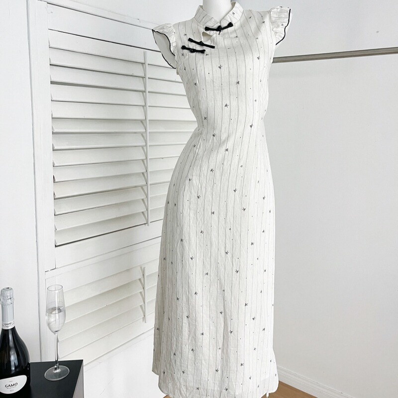 『Xin Xing』New Chinese Style National Style Miss Yi Yao Zhi Shi Elegant Playful Cheongsam Dress with Flutter Sleeves for Summer