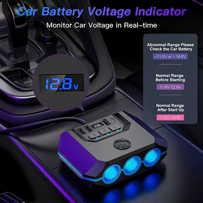 Car Cigarette Lighter Adapter with Switch, Voltage Display, 4 USB Ports, 120W Custom Car Charger for Mobile Phones (Siqaret yandırıcısı) - tr52-one-to-three-cigarette-lighter-black-blue