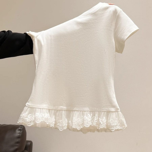 White Lace Splicing Ballet Style Short-Sleeve T-Shirt for Women - Spring and Summer New Arrival - Cross-Border Shipping - Fitted Base Layer Top
