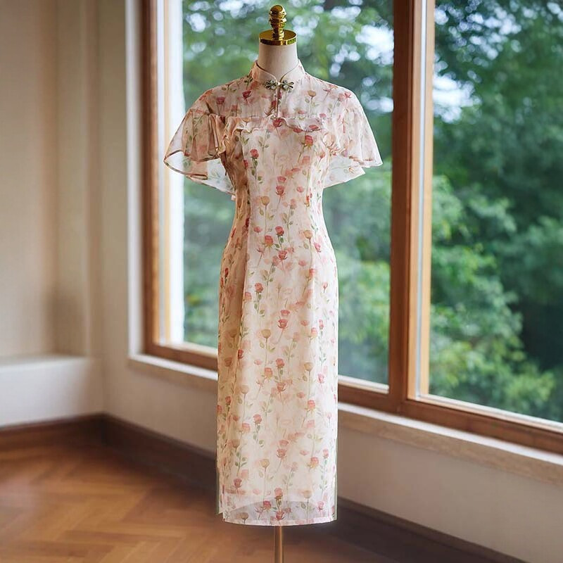 Summer New Style New Chinese-Style Improved Qipao Dress with Stand Collar, Buttoned Waist, Slimming Short Sleeves, and Floral Print