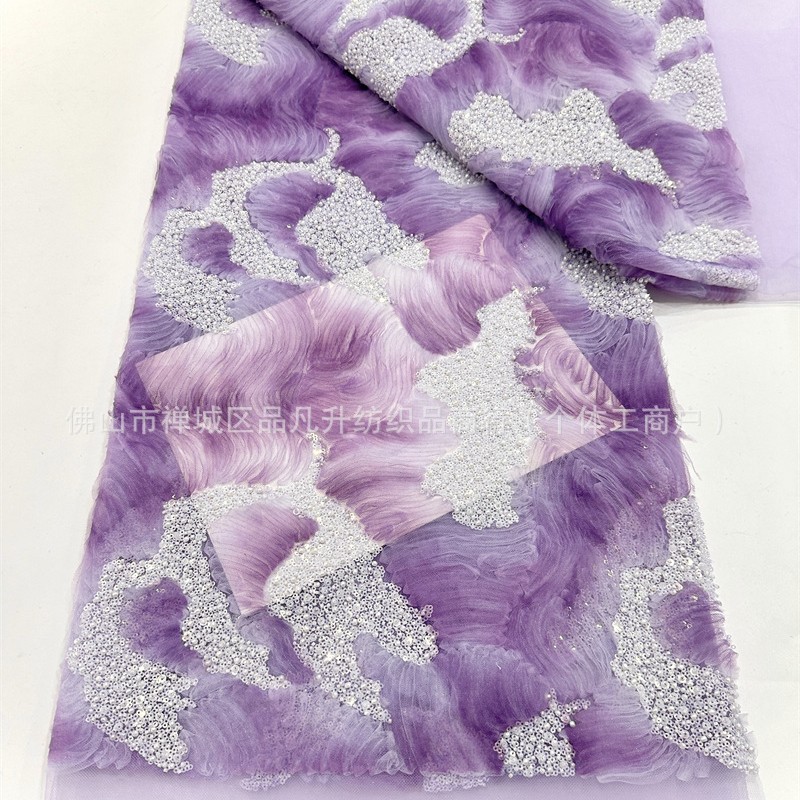 Tela de bordado de tubo de cuentas de onda tridimensional de alta costura vestido de novia de mujer vestido de moda tela en stock