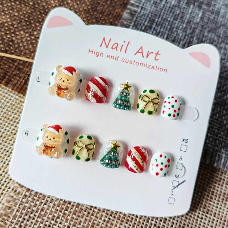 Original Christmas Bear Children's Handmade Nails 3-6-12 Years Old Cartoon Cute Baby Nail Patch Manicure