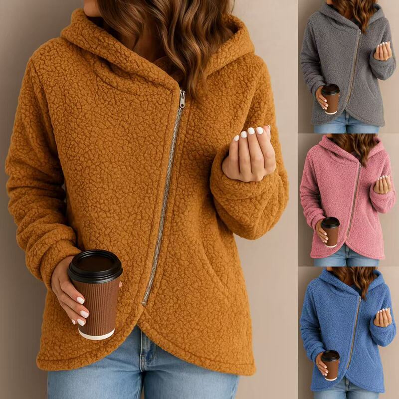 European and American Cross-Border Autumn and Winter New Women's Casual Loose Fashion Cashmere Long-Sleeved Zipper Hooded Sweatshirt Jacket