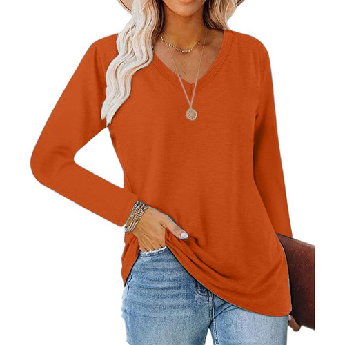 Autumn and winter European and American women's blouse long-sleeved V-neck elegant casual solid color T-shirt loose outer coat