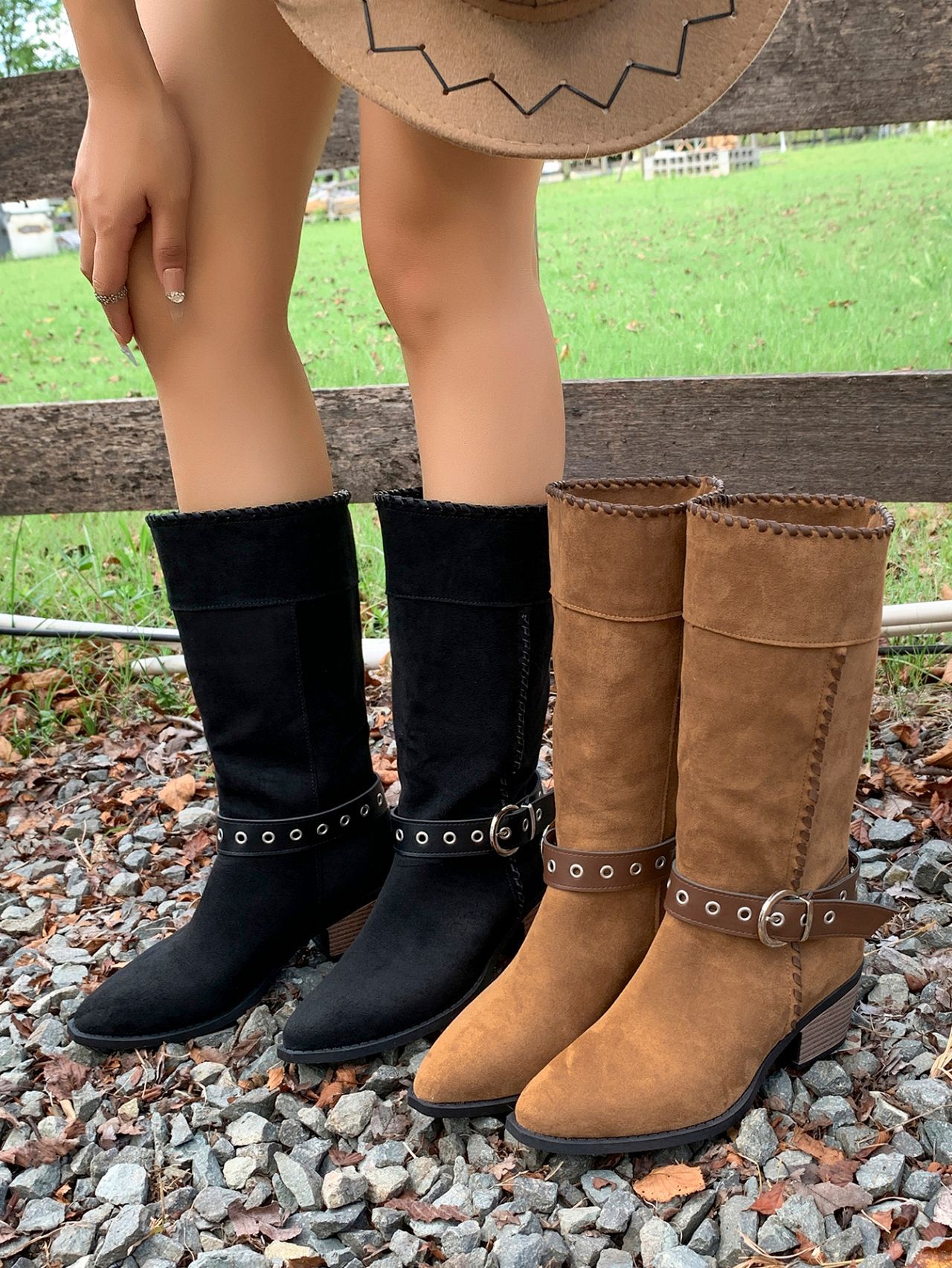 Women's Black Suede Cowboy Boots With Buckle Detail Mid Heel_voghion.com