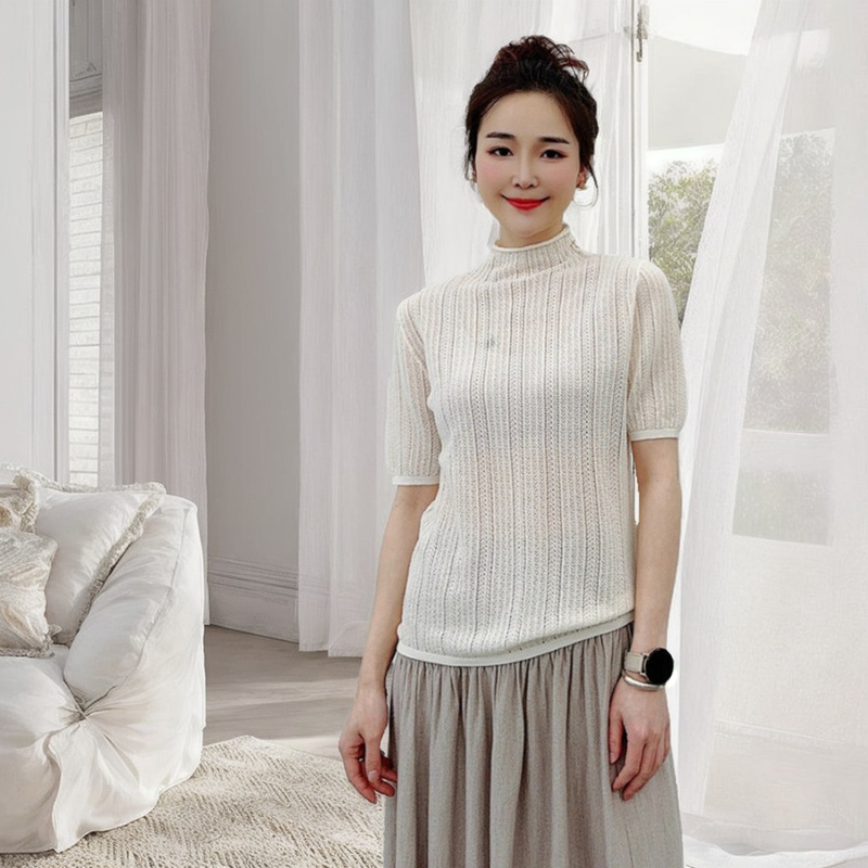 2024 summer new mulberry silk wool pile collar solid color short sleeve women's pullover craft temperament retro sweater