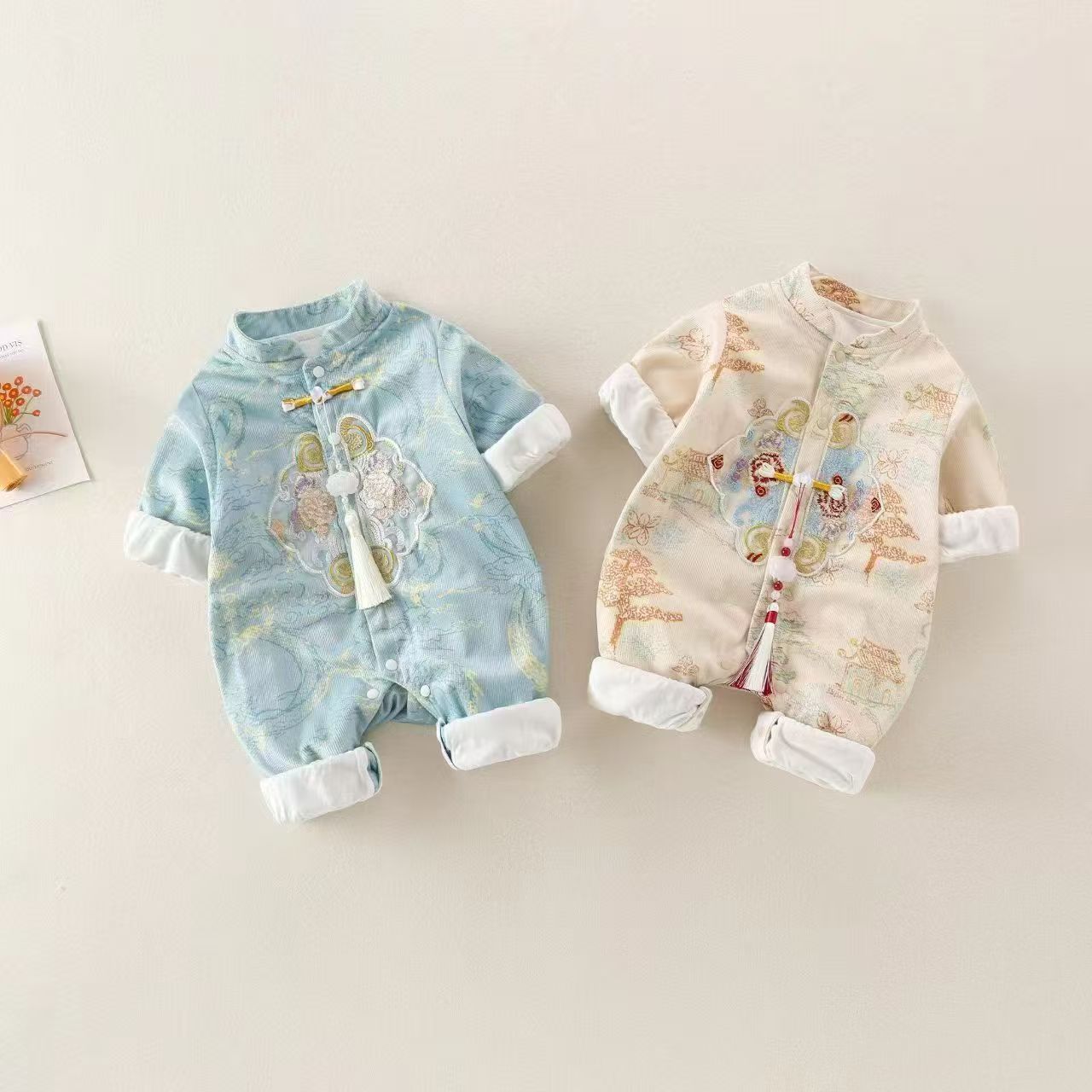 Spring and Autum Baby Chinese Style Jumpsuit Ink Painting Han Dynasty Romper Autum Baby Double-Layer Cotton Lining Embroidered Robe