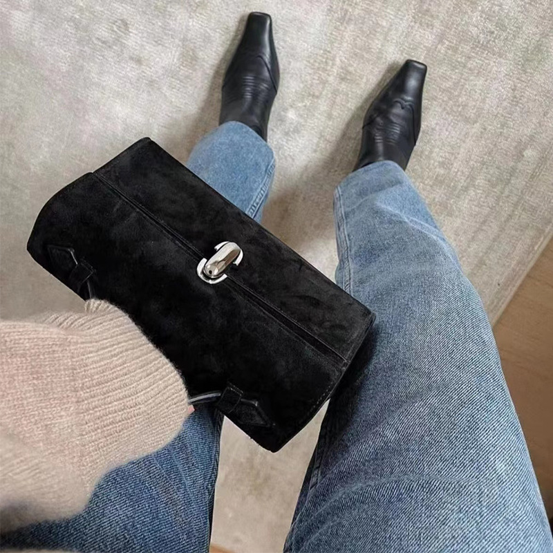 Retro Light Luxury Handbag, Suede Handbag, Small Square Bag, French Simple Cowhide Shoulder Bag, Handbag._voghion.com