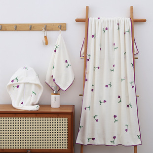 Wholesale Tulip Coral Fleece Set Towel Adult Home Wash Towel Soft Water Absorbent Bath Cap Bath Towel