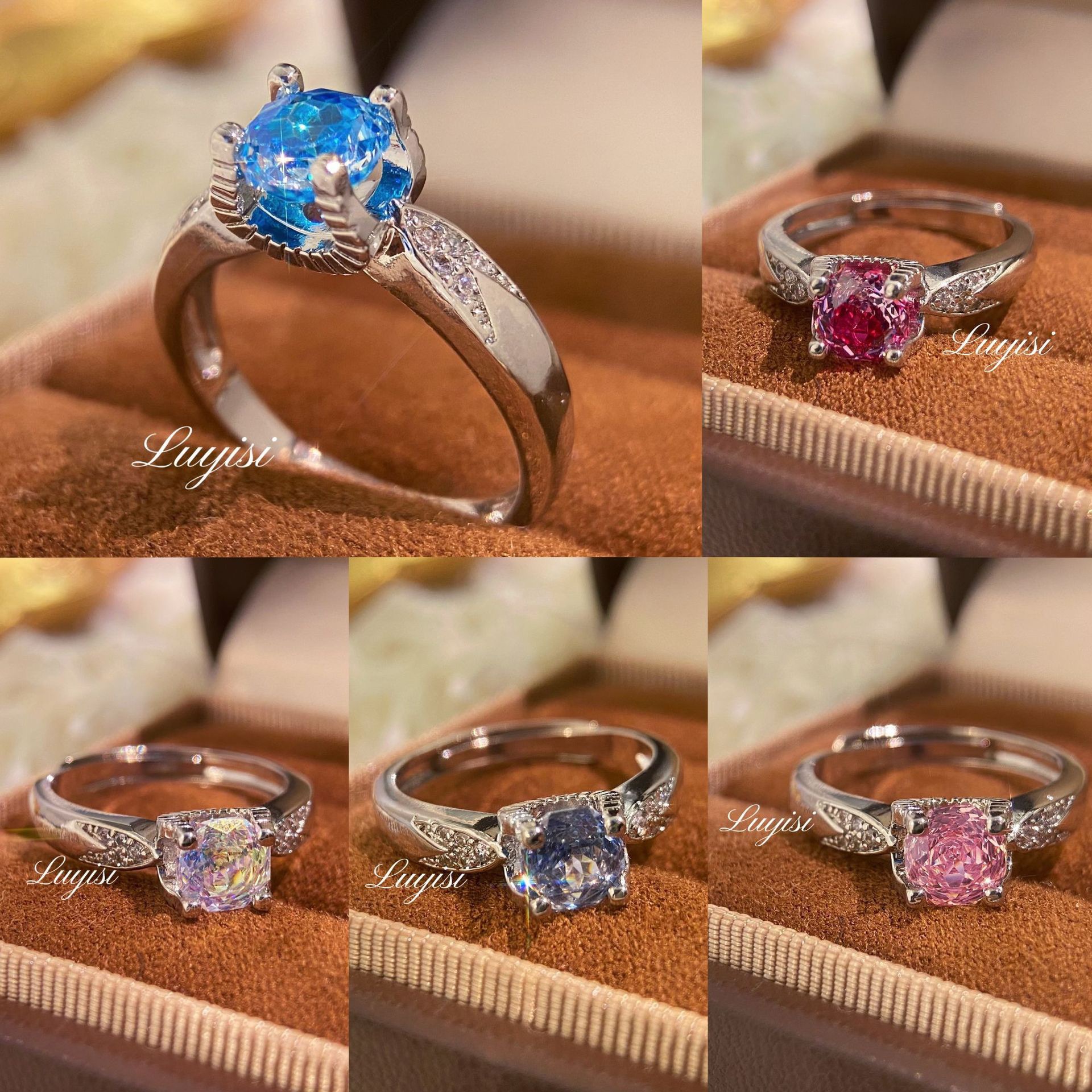 Live Wholesale Octagonal Millennium Rose Cut Aquamarine Zircon Ring for Women Inlaid with High Carbon Diamond Swallowtail Bull Head Diamond Ring